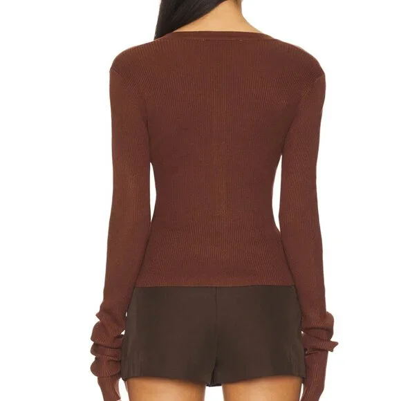 LIONESS x REVOLVE Ivy League Top in Chocolate Brown Long Sleeve Cardigan - Picture 3 of 3